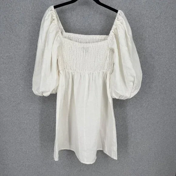 Tuckernuck Annie Linen Smocked Mini Dress Size S White Puff Sleeve Neutral Chic - Picture 3 of 11